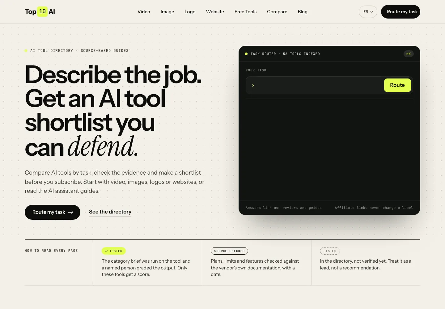 Top10AI homepage with its AI tool directory and task-based tool finder