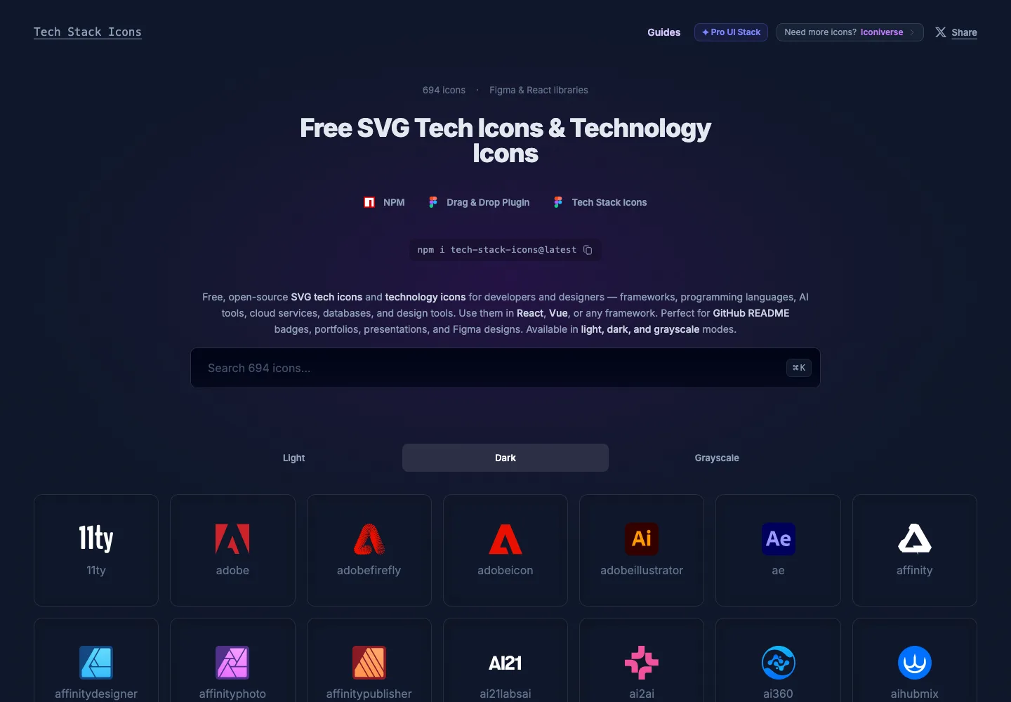 Tech Stack Icons website homepage screenshot